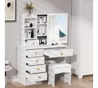 Coiffeuse avec miroir et tabouret, coiffeuse avec miroir, bureau de maquillage avec 6 tiroirs et étagères ouvertes, table de maquillage avec miroir, commode de chambre moderne en bois, bureau de