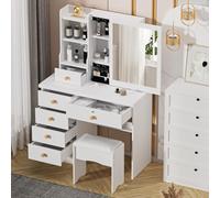 Coiffeuse avec Miroir et Tabouret, Coiffeuse avec Miroir Coulissant, Table de Maquillage avec 6 tiroirs et 6 étagères de Rangement, Coiffeuse Moderne avec Miroir et Tabouret pour Chambre