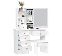 Coiffeuse avec Miroir Et Tabouret, Coiffeuse Blanche, Coiffeuse avec Miroir LED Et Tabouret, Table De Maquillage, 6 Tirors Et 6 Étagères, Petite Coiffeuse avec LED Miroir, Moderne Chambre Ensemb