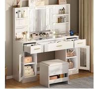 Coiffeuse avec Miroir et Tabouret de Rangement - NHHF - 113X40X140 CM -10 Ampoules - 3 Couleurs Réglables - 3 Tiroirs et 2 armoires