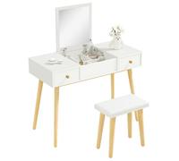 HOMCOM Coiffeuse avec Miroir et Tabouret, Table de Maquillage avec 2 tiroirs et Miroir Rabattable, Coussin rembourré, Bureau Coiffeuse, 100 x 45 x 118 cm, Blanc