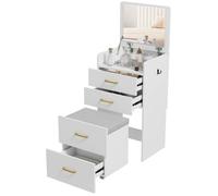 HOMCOM Coiffeuse avec Miroir et Tabouret 3 en 1, Table de Maquillage avec 3 tiroirs, Plateau en Verre Visible, Coussin rembourré et roulettes, Bureau Coiffeuse, 48 x 40 x 90 cm, Blanc