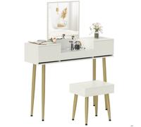 HOMCOM Coiffeuse avec Miroir et Tabouret, Table de Maquillage avec 3 tiroirs et Pieds en métal, Plateau en Verre trempé, Bureau Coiffeuse pour Chambre à Coucher, Blanc