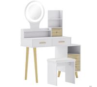 HOMCOM Coiffeuse avec Miroir et Tabouret, Table de Maquillage, luminosité réglable, 5 tiroirs, 4 Compartiments Ouverts, 1 étagère, câble USB de 1,5 m, Blanc