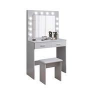 Coiffeuse avec Miroir et Tabouret LED, Hollywood Style Table de Maquillage avec 2 Grands tiroirs, 80x40x140cm, Gris