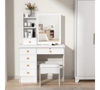 Coiffeuse avec Miroir et Tabouret, Table de Maquillage Moderne avec 6 Tiroirs, Étagères Ouvertes et Compartiments Cachés, Meuble Coiffeuse pour Chambre Enfant ou Adulte