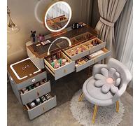 Coiffeuse avec miroir et tabouret, table de maquillage moderne en bois avec station de charge sans fil et haut-parleur Bluetooth, avec miroir de maquillage et tabouret rembourré