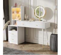 Coiffeuse avec Miroir LED 100 x 40 x 125 cm avec Éclairage RGB, 4 Tiroirs de Rangement et 1 Vitrine à Porte en Verre - Blanc