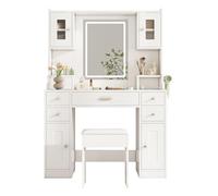 Coiffeuse avec Miroir LED,3 Couleurs, Coiffeuse avec Prise Et Grand Miroir, Tabouret Et Support pour Sèche-Cheveux, Coiffeuse À Tiroirs Multiples, Blanc