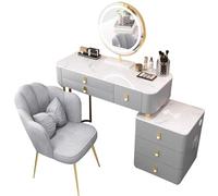 Coiffeuse avec Miroir LED, 3 Couleurs d'éclairage, Naturel, Chaud et Froid, Ports USB, Chargement sans Fil, Haut-parleurs Bluetooth et Tabouret en Velours.