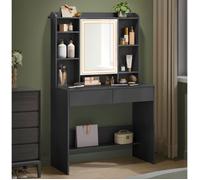 Coiffeuse avec Miroir LED, 3 Couleurs, Luminosité Réglable, Grand, Étagère de Rangement Réglable, 2 Tiroirs, Noir d'Encre