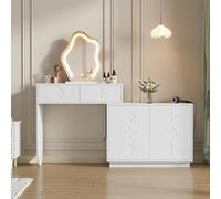 Coiffeuse avec Miroir LED, 3 Températures de Couleur, Table de Maquillage, 2 Tiroirs et Grande Placard, 40 x 160 x 132 cm, Compartiments Ouverts, Étagères Réglables, Moderne, Sans Tabouret (Blanc-58W)
