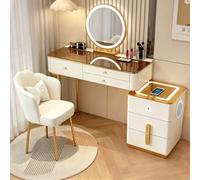 Coiffeuse avec miroir LED, coiffeuse pré-assemblée avec haut-parleur Bluetooth, chargement sans fil, plateau en verre trempé et 5 tiroirs pour rangement de maquillage