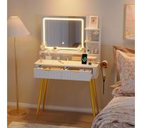 Coiffeuse avec Miroir LED et Prise,3 Tonalités Réglable,Table de maquillage en bois avec 2 Tiroirs et 3 Étagères Ouvertes,Meuble de maquillage scandinave pour Chambre,Dressing(132X80X35cm,Blanc)