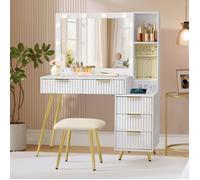 Coiffeuse avec miroir LED et tabouret, 5 tiroirs, Loupe 10x fourni, Multiprise, rangement à bijoux et compartiment ouvert, blanc