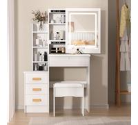 Coiffeuse avec Miroir LED et Tabouret - Coiffeuse Moderne 4 Tiroirs avec Rangement Caché, Miroir Lumineux à 3 Couleurs, Chaise Rembourrée pour Chambre ou Dressing