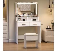 Coiffeuse avec Miroir LED et Tabouret - PROMICAL -AVEC 2 Tiroirs - Style Moderne -Blanc -80x40x138cm