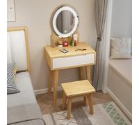 Coiffeuse avec Miroir Led Luminosité Réglable Coiffeuse en Bois avec Tiroir Et Tabouret Table de Maquillage Grand Plateau Convient pour Un Dressing, Une Chambre ou un Appartement(Original wood+white,6