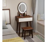 Coiffeuse avec Miroir Led Luminosité Réglable Coiffeuse en Bois avec Tiroir Et Tabouret Table de Maquillage Grand Plateau Convient pour Un Dressing, Une Chambre ou un Appartement(Walnut+white,60*40*13