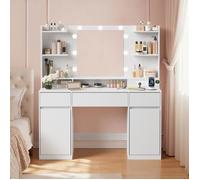 Coiffeuse avec Miroir LED Multiprise 2 Placards 9 Ampoules Éclairage 3 Couleurs Blanc