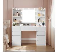 Coiffeuse avec Miroir LED Multiprise 9 Tiroirs 9 Ampoules Éclairage 3 Couleurs Blanc