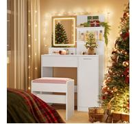 Coiffeuse avec miroir LED, Multiprise, Tabouret, 2 étagères, 1 tiroir et porte avec 2 Étagères Réglables, Blanc