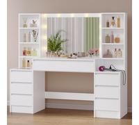 Coiffeuse avec Miroir LED Réglable en 3 Couleurs et Luminosité, Table de Maquillage avec Multiprise, Coiffeuse avec Miroir, 7 Tiroirs et 8 Compartiments Ouverts Réglables, Blanc