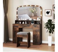 Coiffeuse avec Miroir LED - RELAX4LIFE - 10 Lumières LED 3 Couleurs - Station de Recharge - Tabouret Rembourré - Industriel