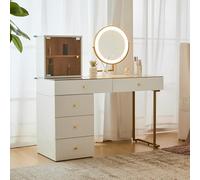 Coiffeuse avec Miroir LED, Table en Verre Trempé, Commode et Rangement Latéral, Design Élégant, Idéale pour Chambre, Couleur Blanche et Dorée, 120x45x115 cm (sans Tabouret)
