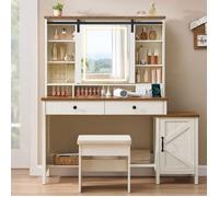 Coiffeuse avec Miroir LED, Tabouret, Multiprise, 2 Tiroirs et porte, Rangement pour Bijoux, Style Ferme, Blanc Rustique/Marron Miel