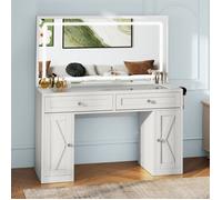 Coiffeuse avec miroir LED YITAHOME, plateau en verre et prise intégrée, 115 x 40 x 134 cm, blanc