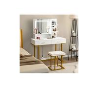 COSTWAY Coiffeuse avec Miroir Lumineux et Tabouret, Cadre en Acier avec 2 Tiroirs, 2 Étagères pour Chambre, Vestiaire