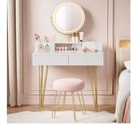 Coiffeuse avec Miroir Pivotant et Tabouret Miroir avec Éclairage et Multiprise 40 x 80 x 134 8 cm Blanc et Doré Clair