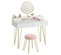 Coiffeuse avec miroir Pivotant et Taboutret, avec Éclairage et Multiprise, 40 x 100 x 134,8 cm, Blanc mat et Doré