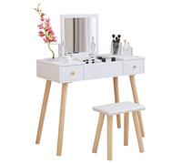 Coiffeuse avec Miroir Pliable et Tabouret, Table de Maquillage avec 2 Tiroirs 5 Compartiments de Rangement, Style Scandinave, Blanc