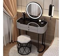 Coiffeuse avec miroir rabattable et tabouret à roulettes, éclairage LED intégré, élégante coiffeuse à LED avec plateau en verre et tabouret rembourré, coiffeuse de chambre moderne pour femme