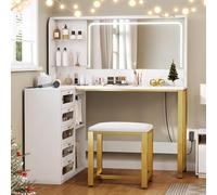 Coiffeuse avec Miroir Réglable LED et Tabouret, Coiffeuse d'angle en L, Commode Moderne avec 5 tiroirs et 2 étageres enacrylique, pour Chambre à Coucher, Salon, Blanc