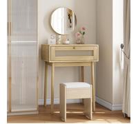 Coiffeuse avec miroir rond 60 x 50 x 128 cm, 1 tiroir, style bohème décor cannage, chêne clair, sans chaise