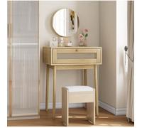 Coiffeuse avec miroir rond 60x50x128 cm 1 tiroir cannage style bohème bois et verre pour chambre Grjofek