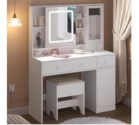 Coiffeuse avec Prise de Courant - WOLTU Table de Maquillage avec Tabouret - Miroir LED Réglable - Blanc