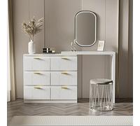 Coiffeuse avec Table d'appoint, Table de Bureau avec 6 tiroirs, poignées plaquées Or, Plateau Rotatif (180°), laqué, Motif Floral, Coins arrondis Antichoc, 40D*73H, Blanc (sans Miroir ni Tabouret)