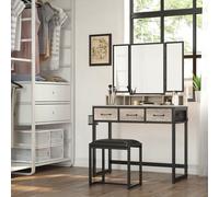 VASAGLE Coiffeuse avec Tabouret, avec 3 Miroirs, 3 Tiroirs, Porte-Sèche-Cheveux, Pot, Style Industriel, Grège et Noir