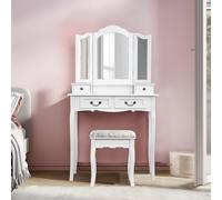 Coiffeuse avec Tabouret, Coiffeuse avec Double Miroir, 4 tiroirs, 40 x 80 x 140,5 cm, Style Vintage, Coiffeuse, Commode, Blanc
