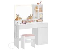 Coiffeuse avec Tabouret de Coiffeuse, avec Miroir et Lumière, Prise de Courant, Largeur de 110 cm, Blanc Nuage et Rose Bonbon