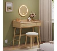 Coiffeuse avec Tabouret de Maquillage, avec Éclairage, Style Bohème, pour Chambre, Beige Chêne et Blanc Crème