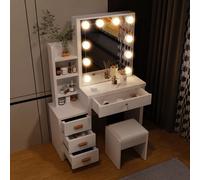 Coiffeuse avec tabouret et éclairage LED 3 couleurs à luminosité réglable, coiffeuse avec miroir pour le maquillage, meuble cosmétique avec 4 étagères ouvertes, 4 tiroirs, style moderne, rangement dis