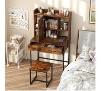 Coiffeuse avec Tabouret et Miroir - RELAX4LIFE - Armoire Cachée Derrière Miroir - Station de Charge - 2 Tiroirs - Étagères Ouvertes