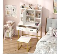 Coiffeuse avec Tabouret et Miroir - RELAX4LIFE - Armoire Cachée Derrière Miroir - Station de Charge - Étagères Ouvertes - Blanc