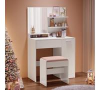 Coiffeuse, avec Tabouret, 2 Étagères Ajustables Derrière la Porte et 1 Tiroir, Blanc