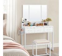 Coiffeuse Avec Tabouret, Miroir Triple, 3 Tiroirs, Porte-Sèche-Cheveux, Pot, Style Moderne, 90 X 40 X 141 Cm, Blanc Blanc
